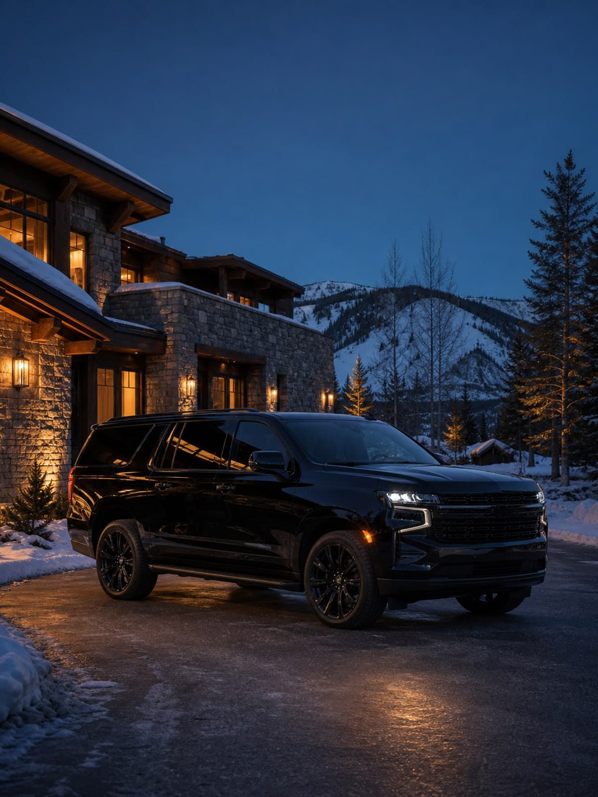 Black Suburban staged at an Aspen mountain residence at blue hour.